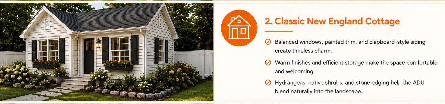 Classic New England backyard ADU with white clapboard siding, black shutters, a gable roof, and hydrangea landscaping. Classic New England backyard ADU with white clapboard siding, black shutters, a gable roof, and hydrangea landscaping.