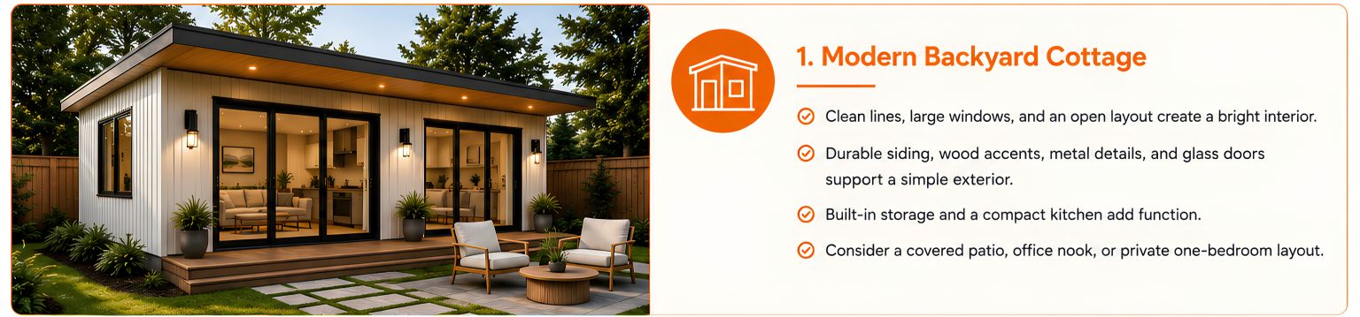 Modern backyard ADU cottage with white siding, black-framed glass doors, a wood deck, and landscaped patio. Modern backyard ADU cottage with white siding, black-framed glass doors, a wood deck, and landscaped patio.