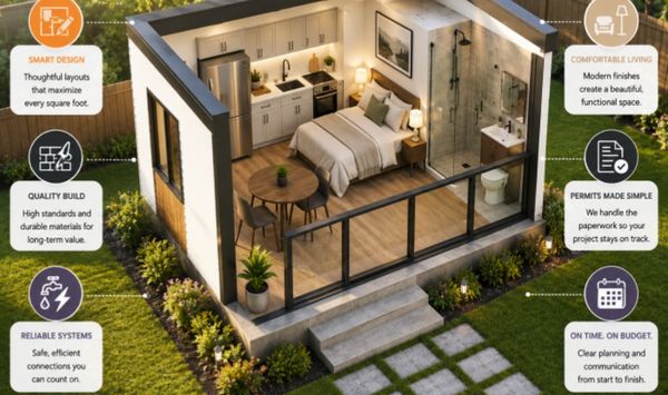 Morning 3D cutaway of a modern studio ADU with a kitchen, sleeping area, bathroom, glass doors, and project-planning callouts. Morning 3D cutaway of a modern studio ADU with a kitchen, sleeping area, bathroom, glass doors, and project-planning callouts.