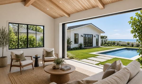 Modern Connecticut backyard ADU with bright living space, large glass doors, landscaped yard, and pool. Modern Connecticut backyard ADU with bright living space, large glass doors, landscaped yard, and pool.