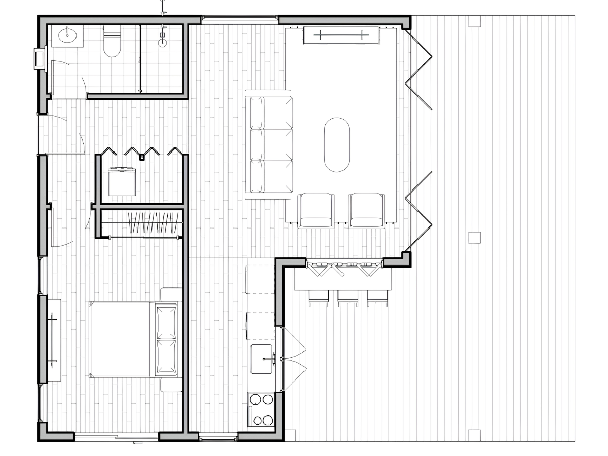 Connecticut ADU floor plan showing bedroom, bathroom, kitchen, living area, storage, and outdoor deck layout. Connecticut ADU floor plan showing bedroom, bathroom, kitchen, living area, storage, and outdoor deck layout.