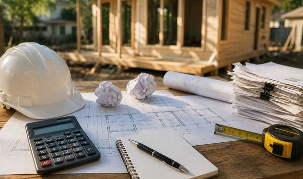ADU construction plans, calculator, hard hat, and measuring tools at a Connecticut building site