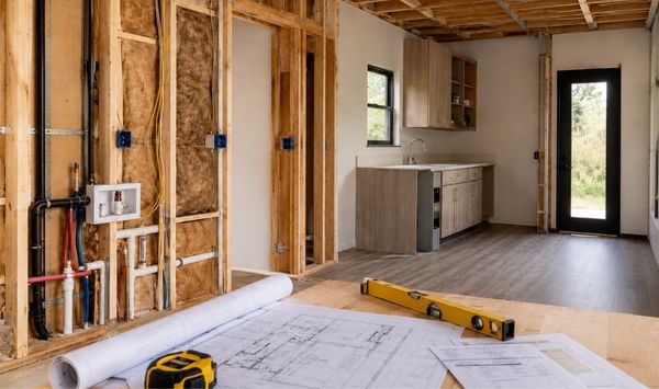 ADU construction in progress with plumbing, insulation, and floor plans in Connecticut