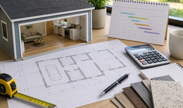 Connecticut ADU planning concept with floor plans, model home, calculator, schedule, tape measure, and material samples.