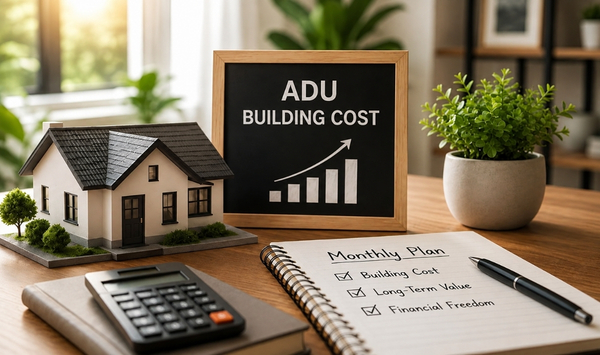 Miniature ADU model, calculator, and cost planning notebook illustrating ADU building costs in Connecticut. Miniature ADU model, calculator, and cost planning notebook illustrating ADU building costs in Connecticut.