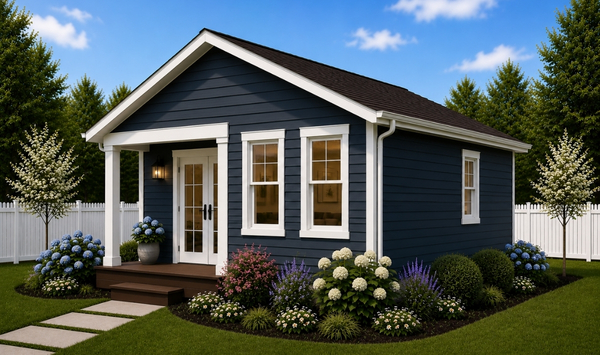 400 sq ft detached ADU exterior in Connecticut with dark siding and landscaped yard 400 sq ft detached ADU exterior in Connecticut with dark siding and landscaped yard