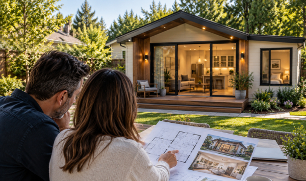 Modern compact ADU with open kitchen, living area, bedroom, and backyard setting