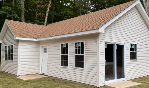 Detached ADU home with beige siding, multiple windows, and private entrances in a wooded backyard