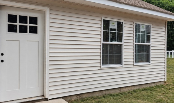 Close-up exterior view of a detached ADU with beige siding, white door, and windows