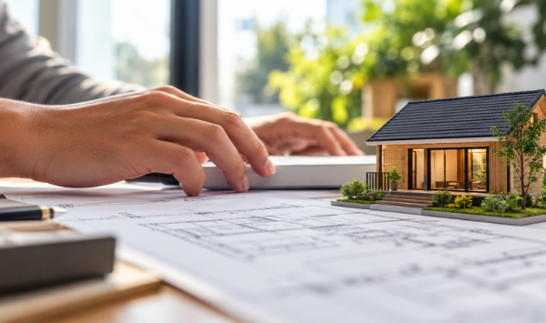 Person reviewing architectural blueprints on a laptop beside a miniature detached ADU model during residential construction planning. Copy