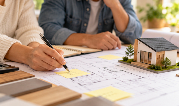 Two homeowners reviewing architectural floor plans and notes beside a miniature ADU model during home construction planning. 