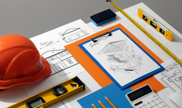 Residential construction blueprints with a hard hat, measuring tape, level, and calculator.