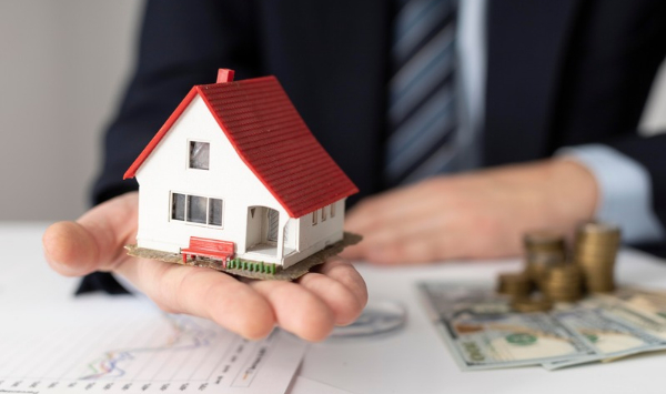 Person holding a model house beside coins and financial documents representing home value and property investment.