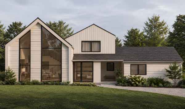 Front view of a contemporary white home with floor-to-ceiling glass windows, dark gable roofs, and a covered entrance.