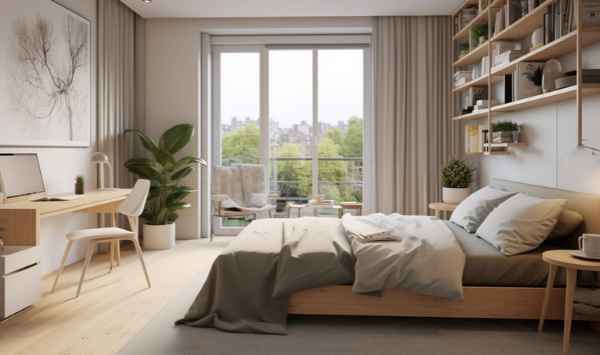 Bright bedroom with a bed, built-in shelving, compact desk, and glass doors, showing a flexible small-space layout.