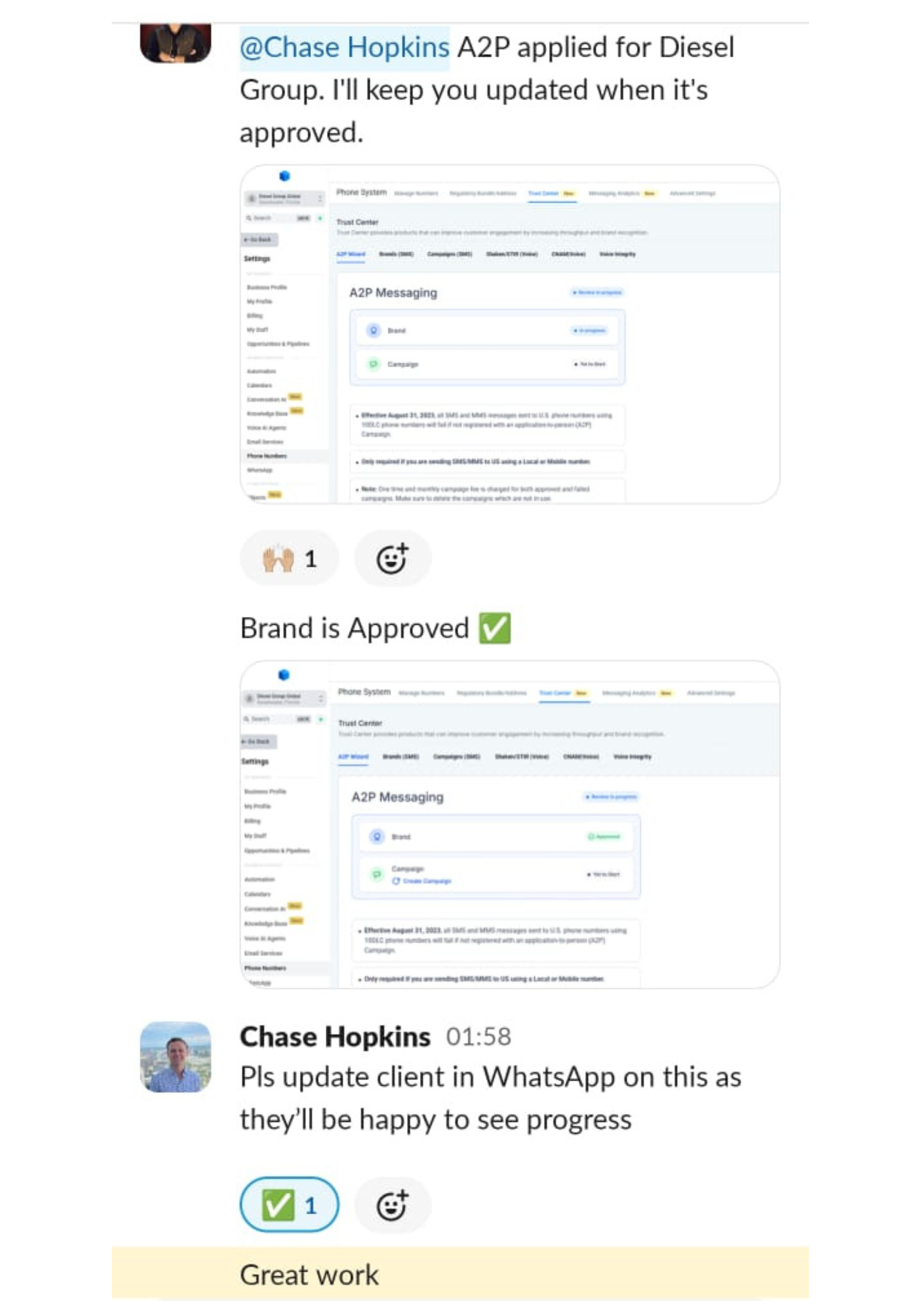 GoHighLevel client testimonial message