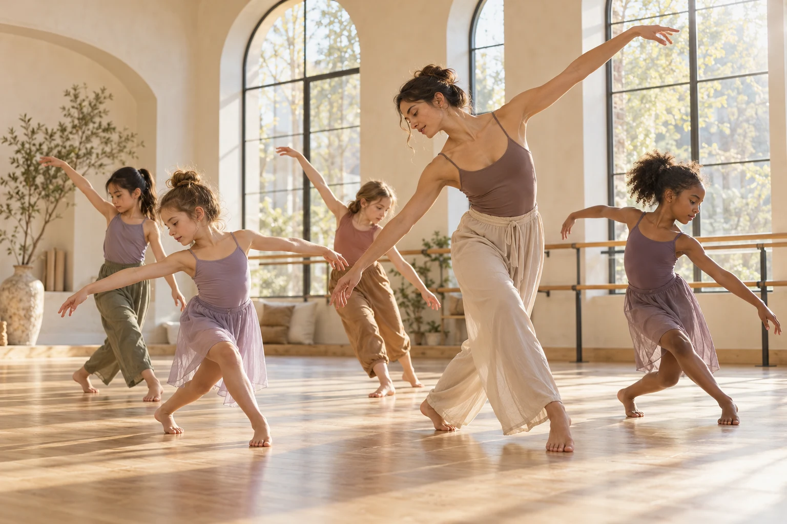 Illustration of an instructor and young dancers practicing together in a sunlit studio