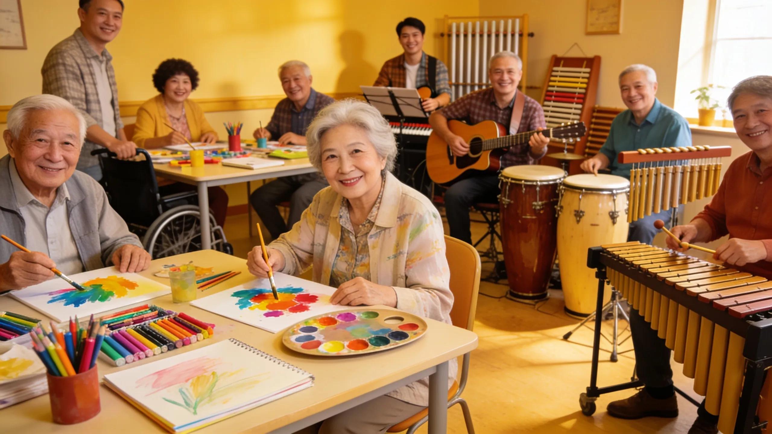 Residents engaged in a lively art class, highlighting cognitive and social stimulation programs offered
