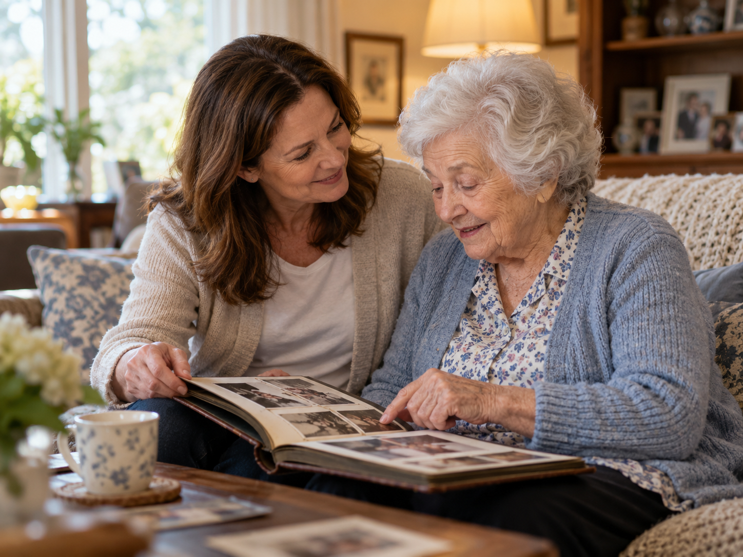 Adult daughter looking through a family photo album with her elderly mother, demonstrating validation techniques and compassionate dementia communication. Adult daughter looking through a family photo album with her elderly mother, demonstrating validation techniques and compassionate dementia communication.