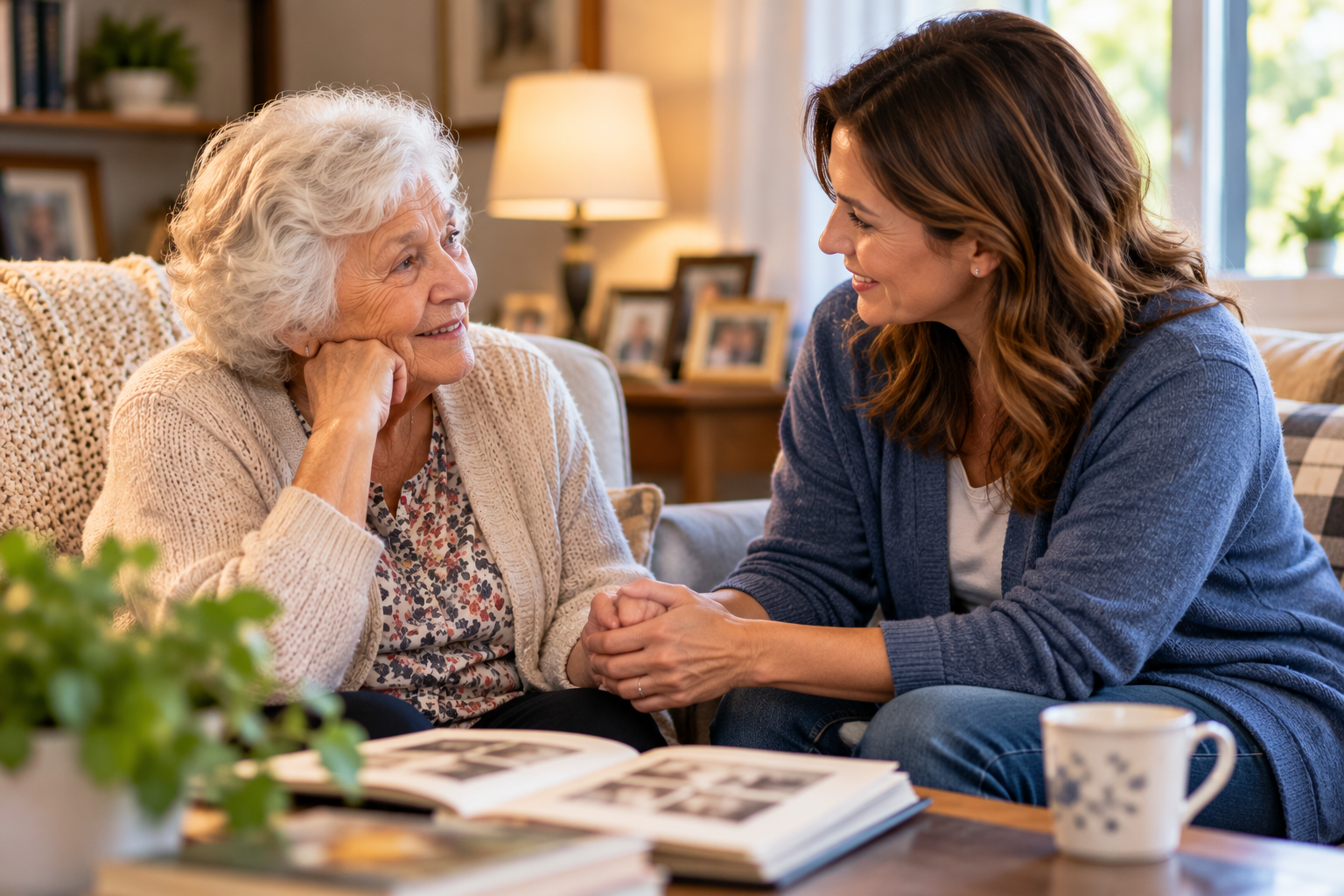 Family caregiver listening compassionately to an older man with dementia, demonstrating validation therapy and supportive communication. Family caregiver listening compassionately to an older man with dementia, demonstrating validation therapy and supportive communication.