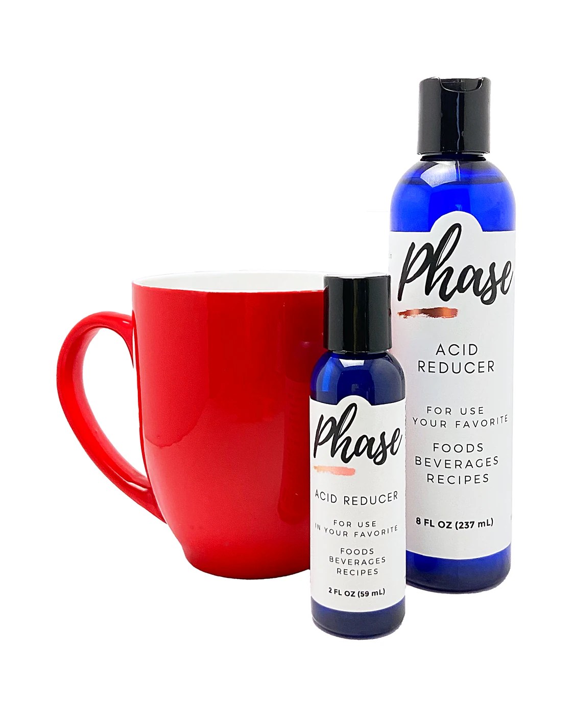 Phase bottles beside a red coffee mug