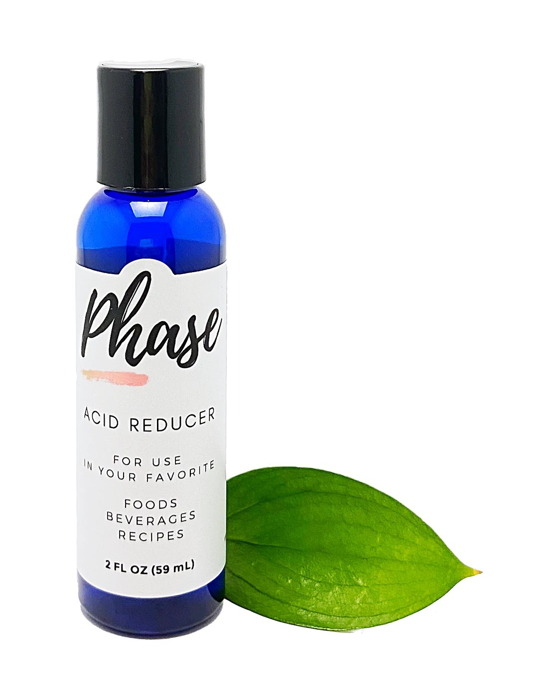 A 2 ounce Phase bottle with a green leaf