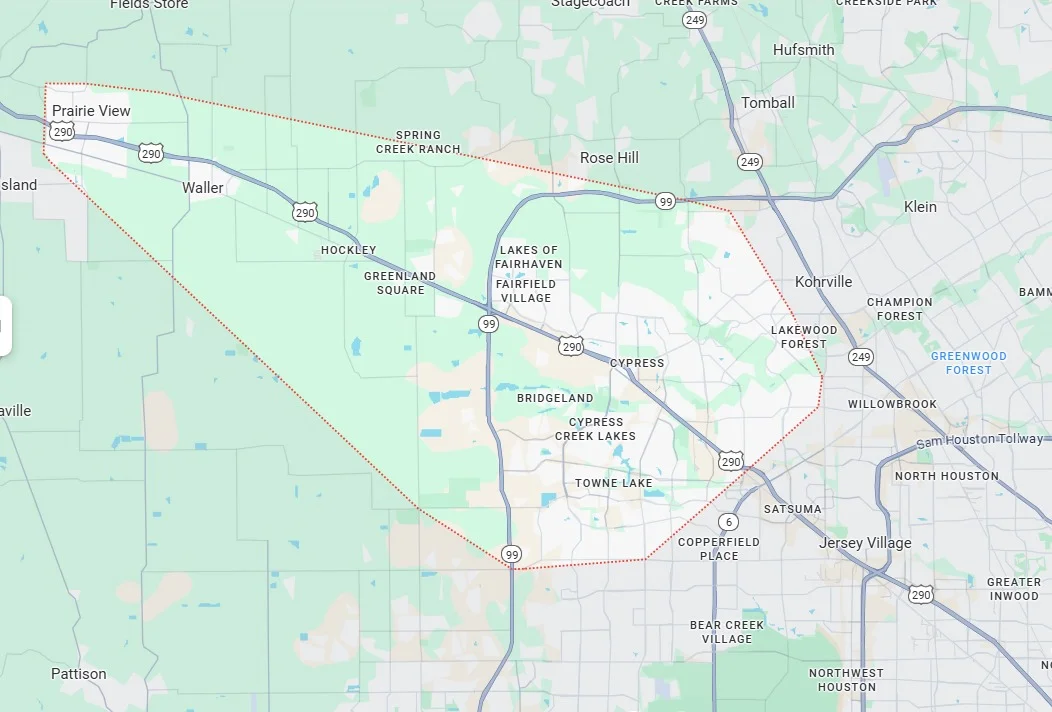 A map of northwest Houston, including Cypress, Katy, Tomball, and Waller areas, with a red dotted line highlighting communities.