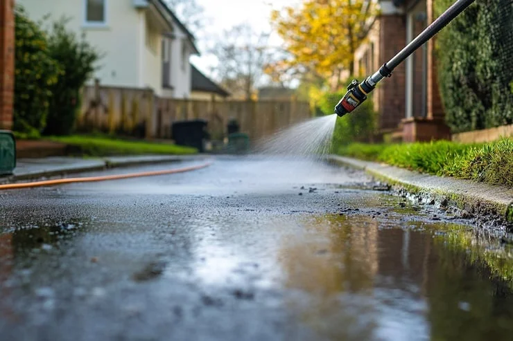 A close-up view of a power washer spraying water onto a dirty driveway in a suburban setting.