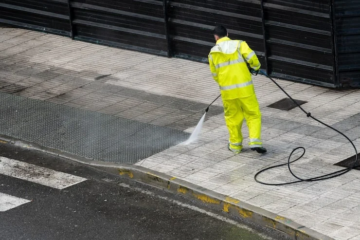 A person in a bright yellow all-weather suit uses a power washer to clean a dirty section of a concrete sidewalk.