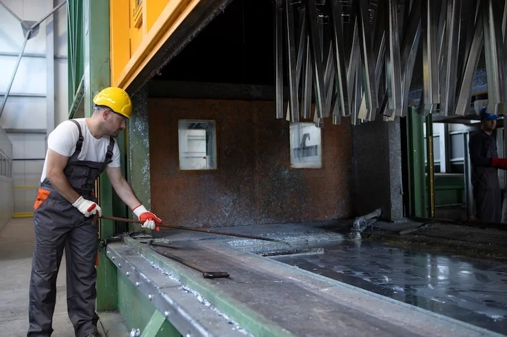 A worker in a yellow hard hat and coveralls uses a long tool to maneuver metal in an industrial galvanizing bath.