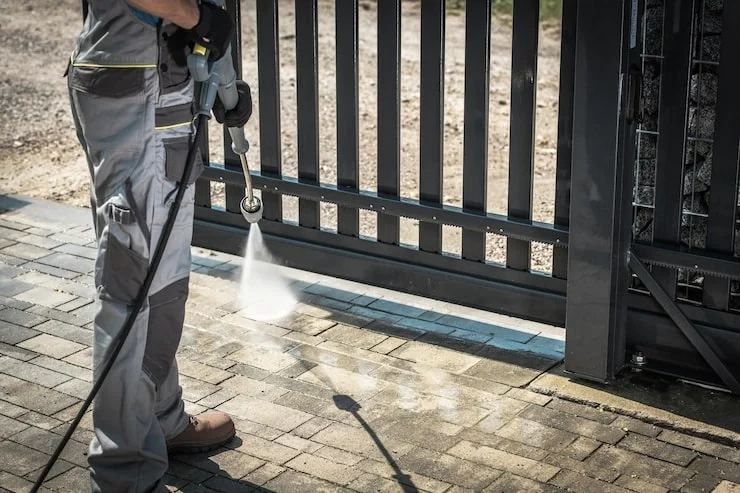 A person in gray work overalls and gloves pressure washing a paved driveway next to a black metal gate.