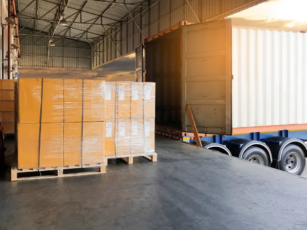 Cardboard boxes on pallets inside a warehouse loading dock with a semi-truck backed in under dramatic sunlight.