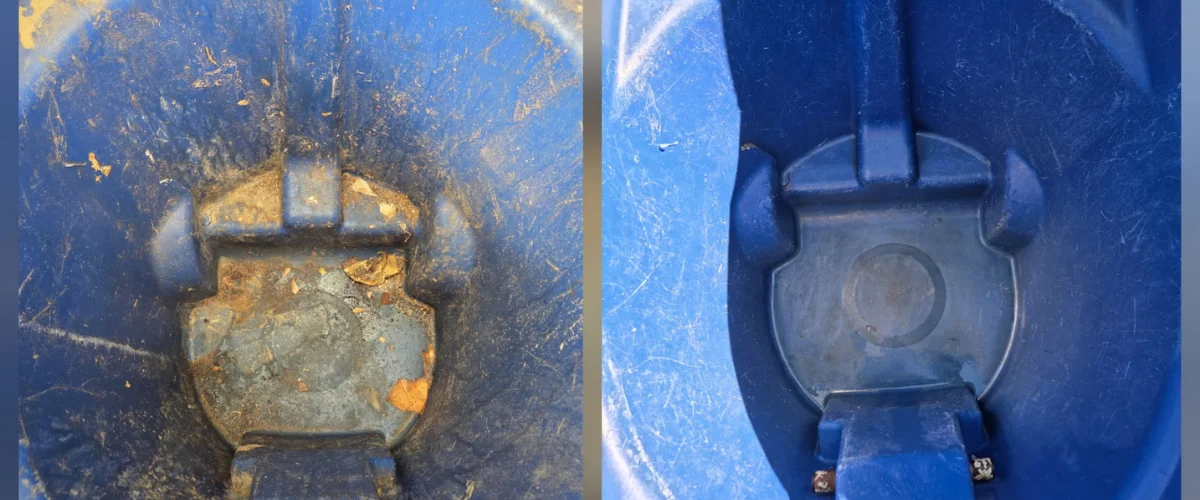 A split image showing the inside of a blue plastic container, dirty and stained on the left, and clean on the right. A split image showing the inside of a blue plastic container, dirty and stained on the left, and clean on the right.