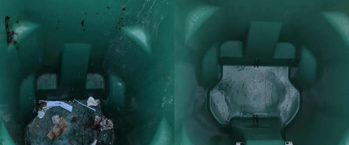 Two green plastic compartments, one with debris and the other wet, viewed from above inside a container. Two green plastic compartments, one with debris and the other wet, viewed from above inside a container.