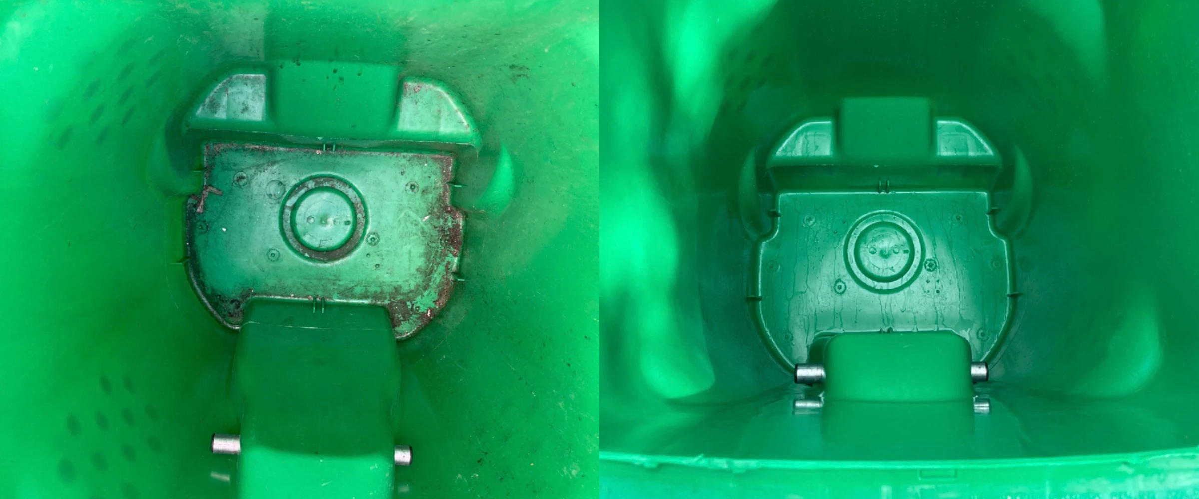 A split image showing the inside of a dirty bin with residue on the left and a cleaner, wet bin interior on the right.