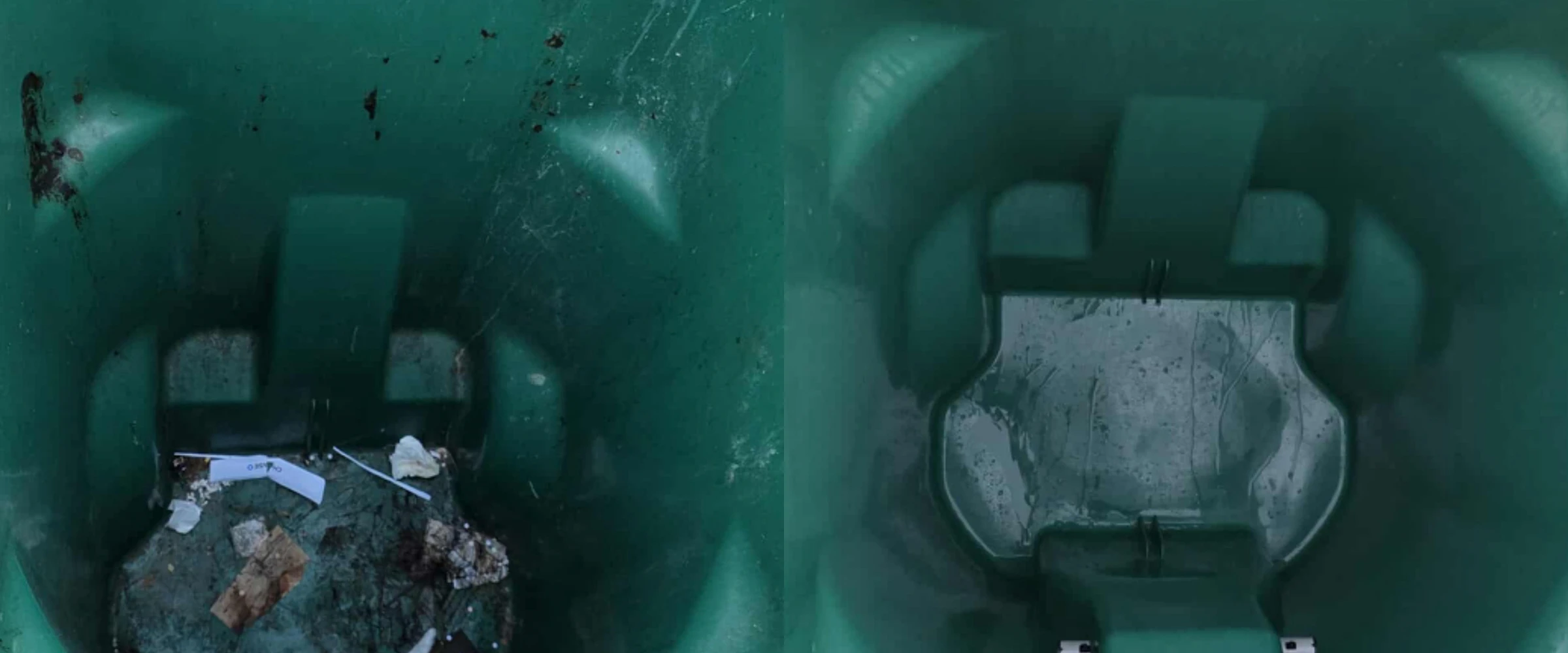 A side-by-side comparison shows the inside of two deep green bins, one dirty with debris and the other appearing cleaner with water stains.