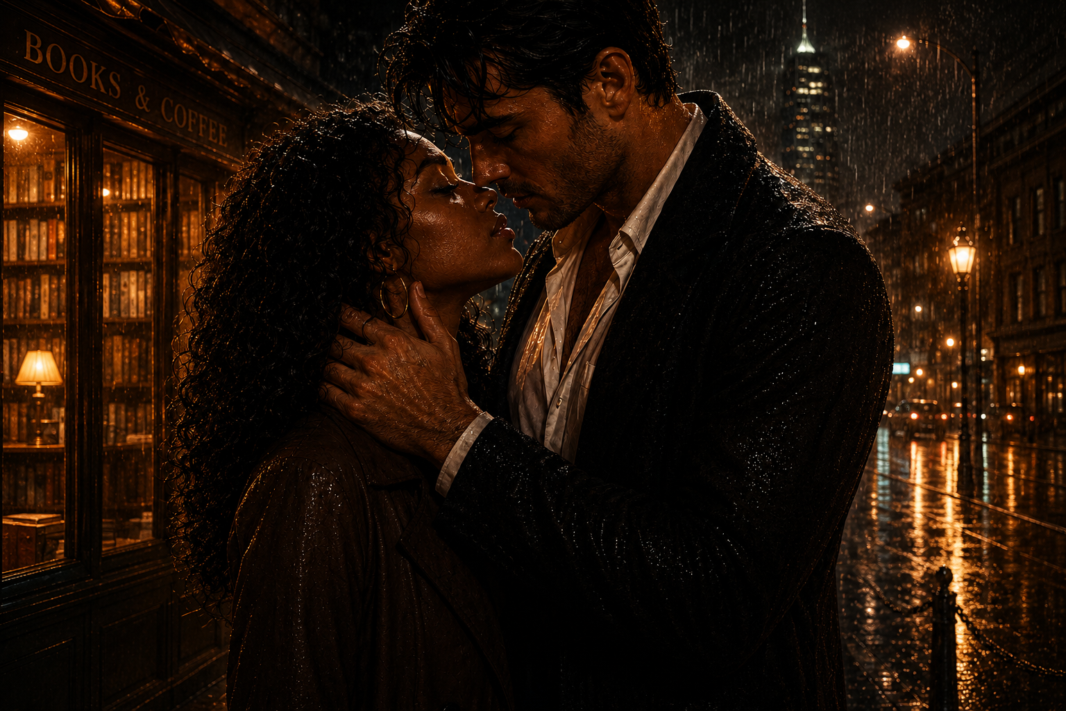 A woman and man in an embrace getting ready to kiss in the rain.