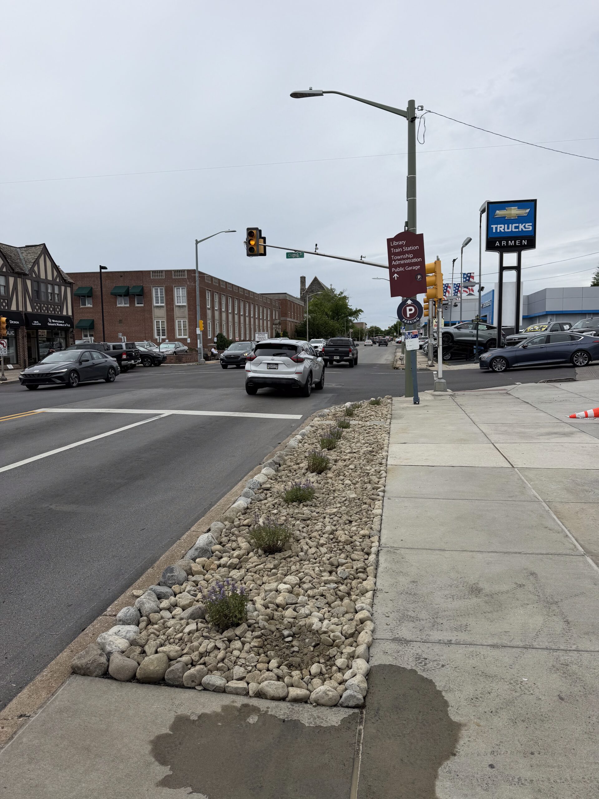 Streetside landscape design featuring a river rock bed with flowering plants between the curb and sidewalk.