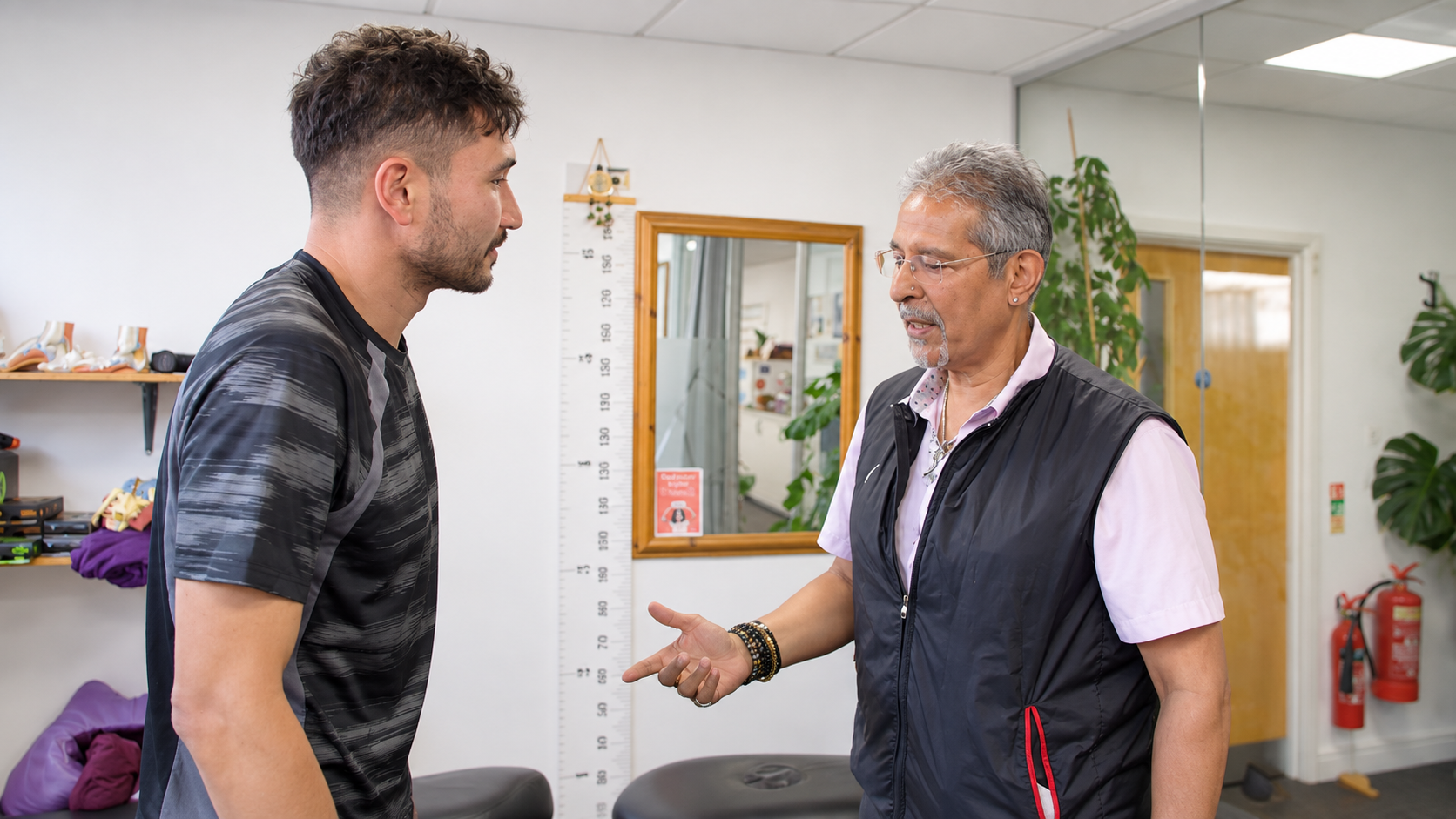 Dr Sandhu discussing movement with a patient during an assessment at Bedford Chiropractic Clinic