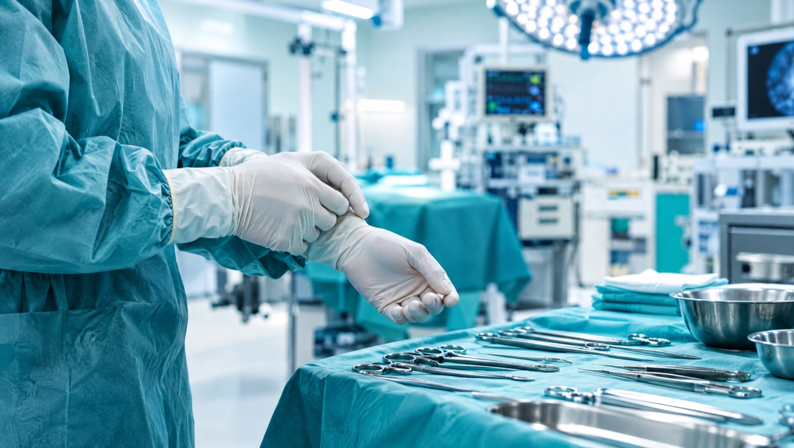 Mâini în mănuși sterile lângă masa de instrumente acoperită cu câmp steril