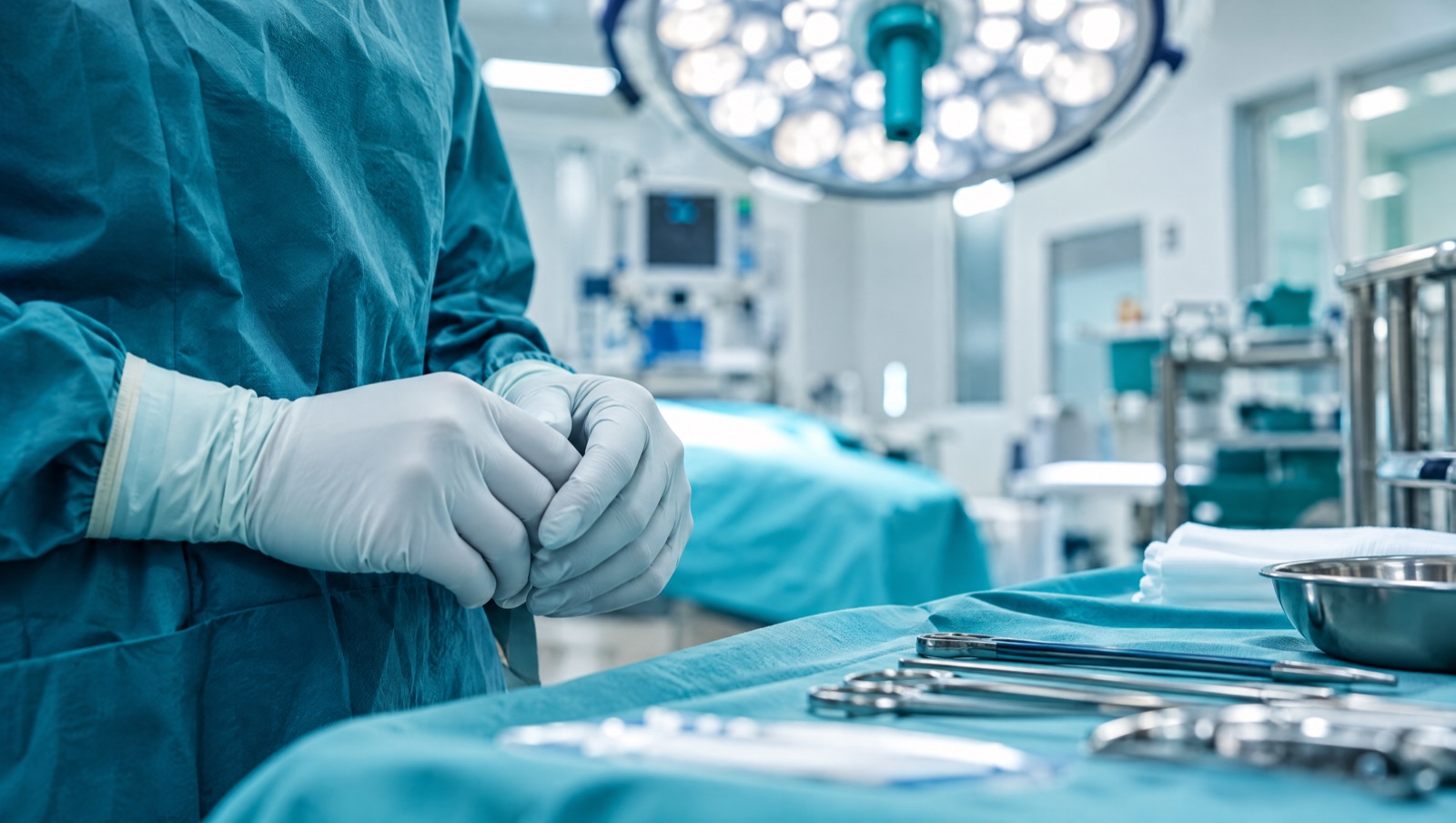 Mâini în mănuși sterile oprite deasupra câmpului operator