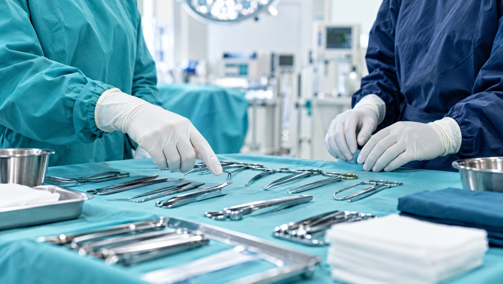 Mâini în mănuși sterile deasupra mesei de instrumente, într-un moment de explicație