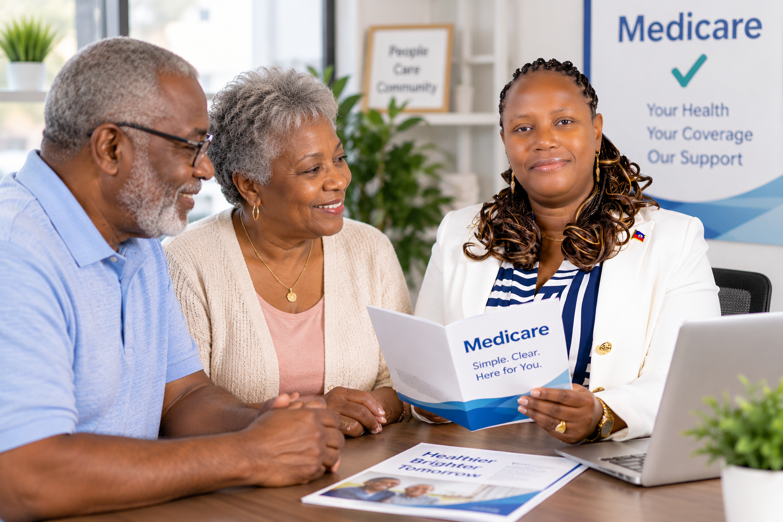 Yon ajan Best Insurance USA k ap eksplike Medicare bay yon koup granmoun ayisyen