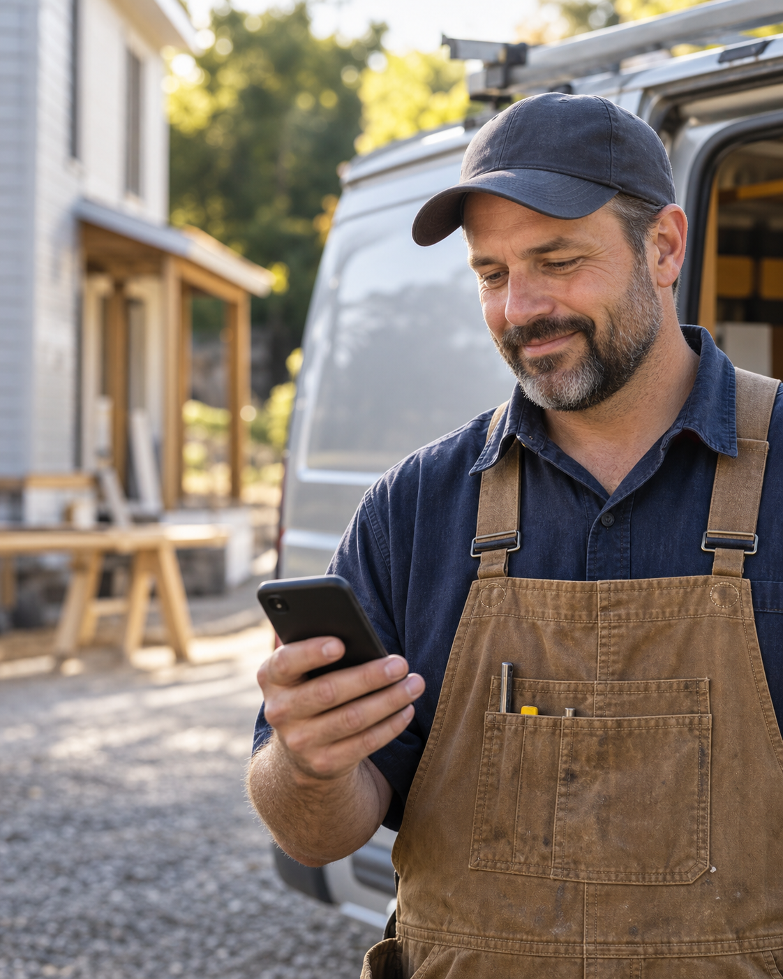 Contractor using his phone beside a work van