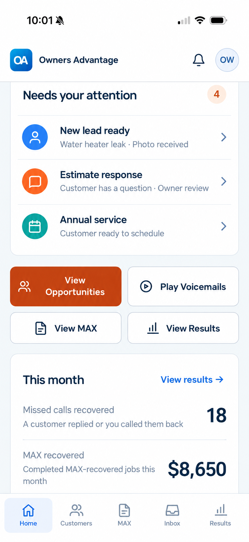 Illustrative Owners Advantage attention desk with a new lead, estimate response, and annual service ready to schedule