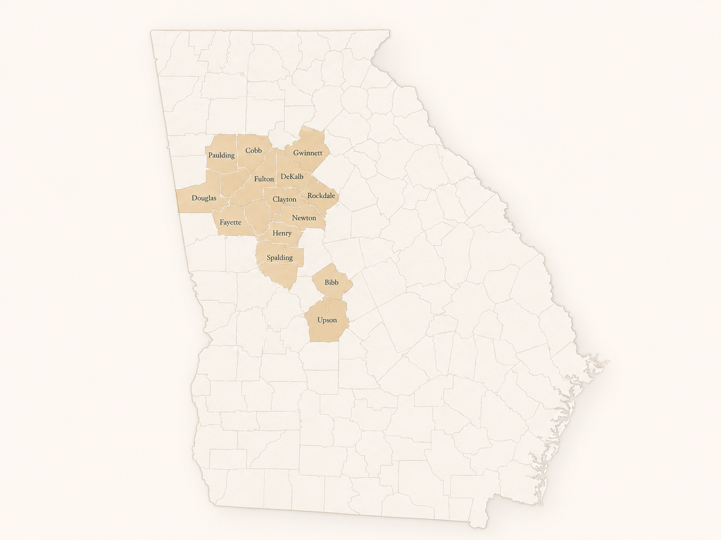 Georgia service area map showing the counties served by Listed With John
