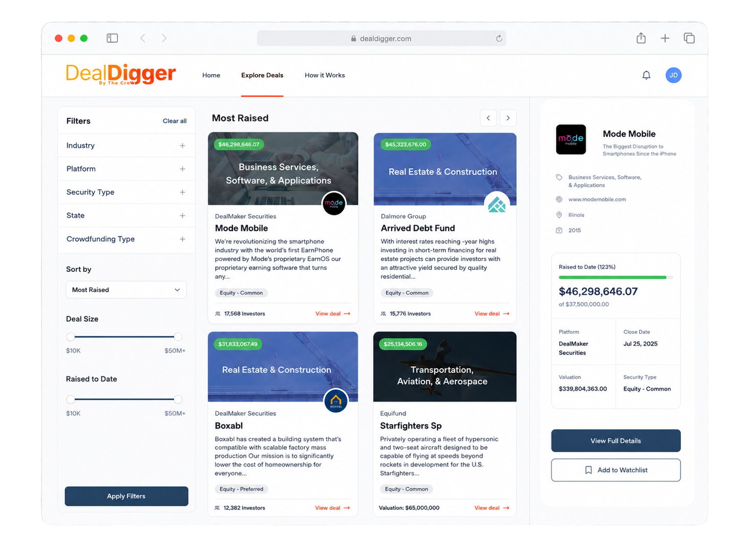 Deal Digger deal discovery dashboard with filters, deal cards, and a company detail panel
