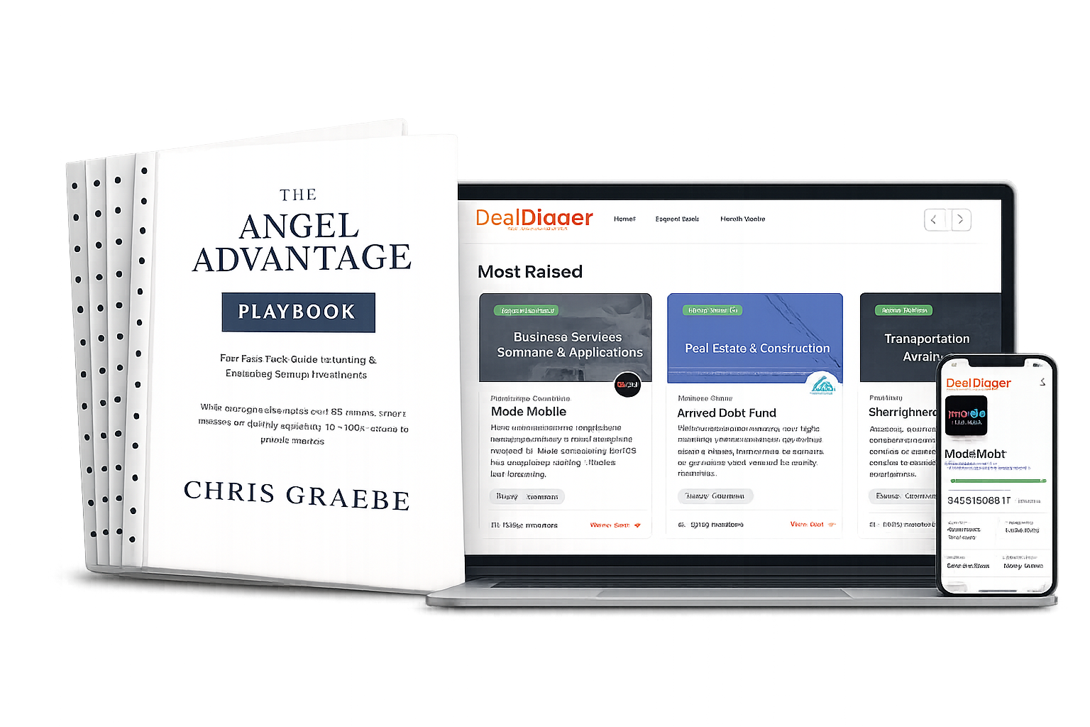 The Angel Advantage Playbook with Deal Digger shown on laptop and mobile screens