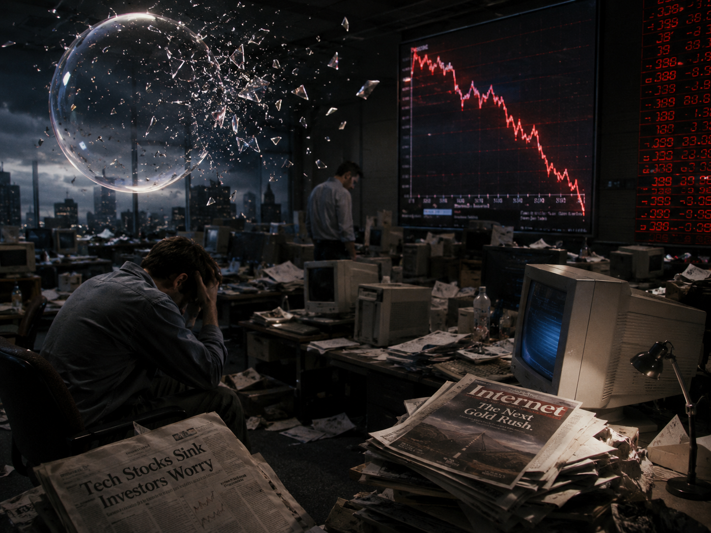 A dark trading floor during the dot-com bust with falling red market charts