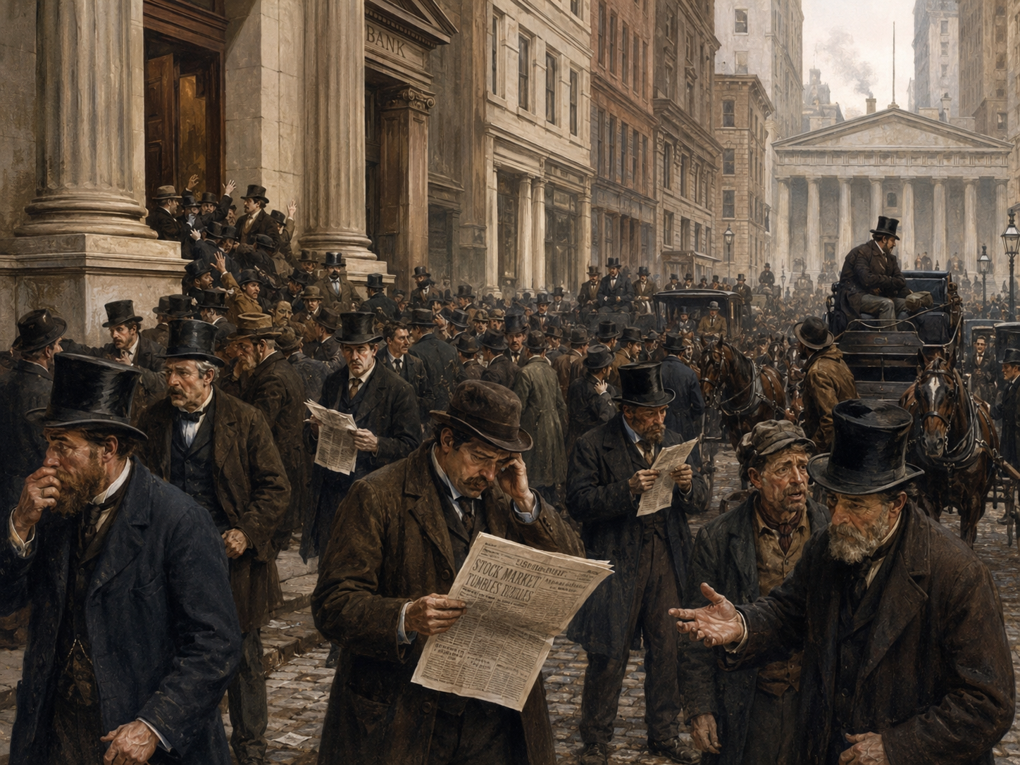 A crowded Wall Street scene during the Panic of 1873